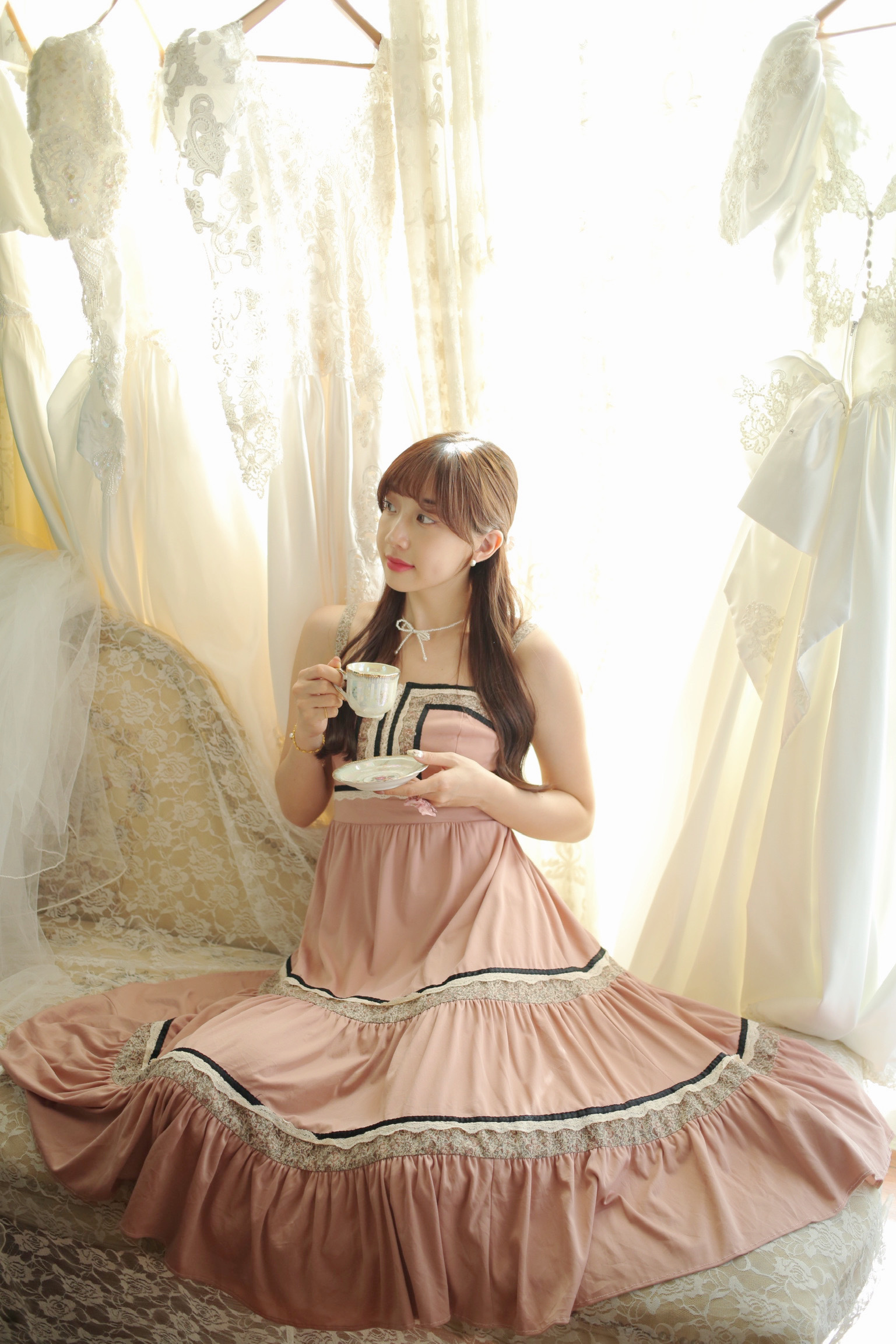 Vintage Dress/ Gunne Sax Style粉色拼接吊帶洋裝