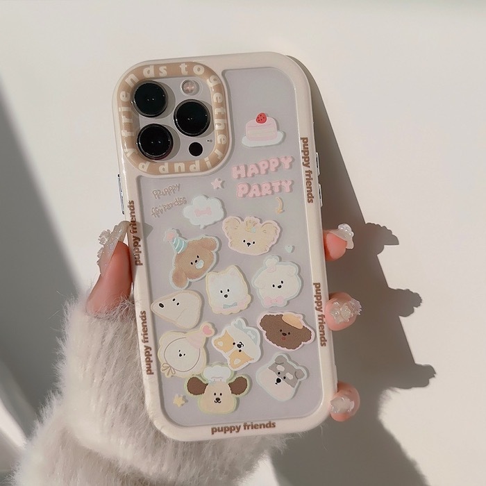 《42847》滿滿cute狗奶油邊iphone手機殼(含掛繩)