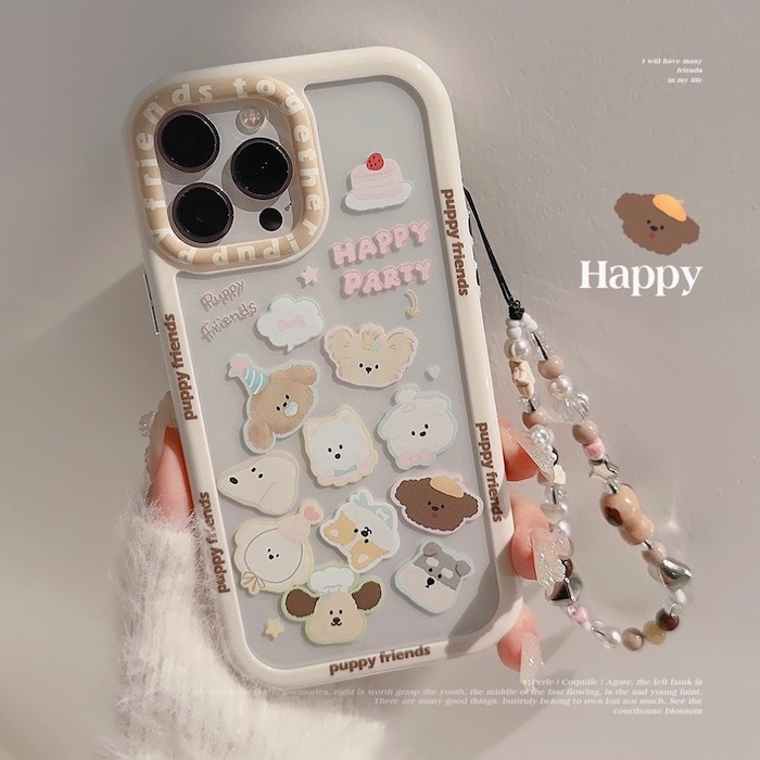 《42847》滿滿cute狗奶油邊iphone手機殼(含掛繩)