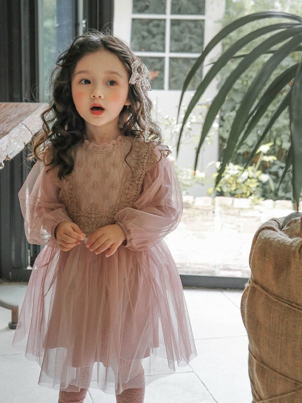 蕾絲蓬袖紗裙洋裝 2色 90-150cm