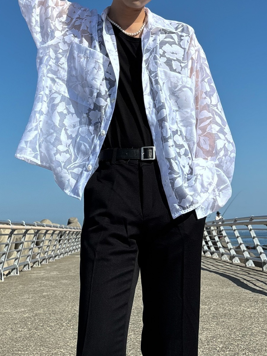 玫瑰花透視短款襯衫