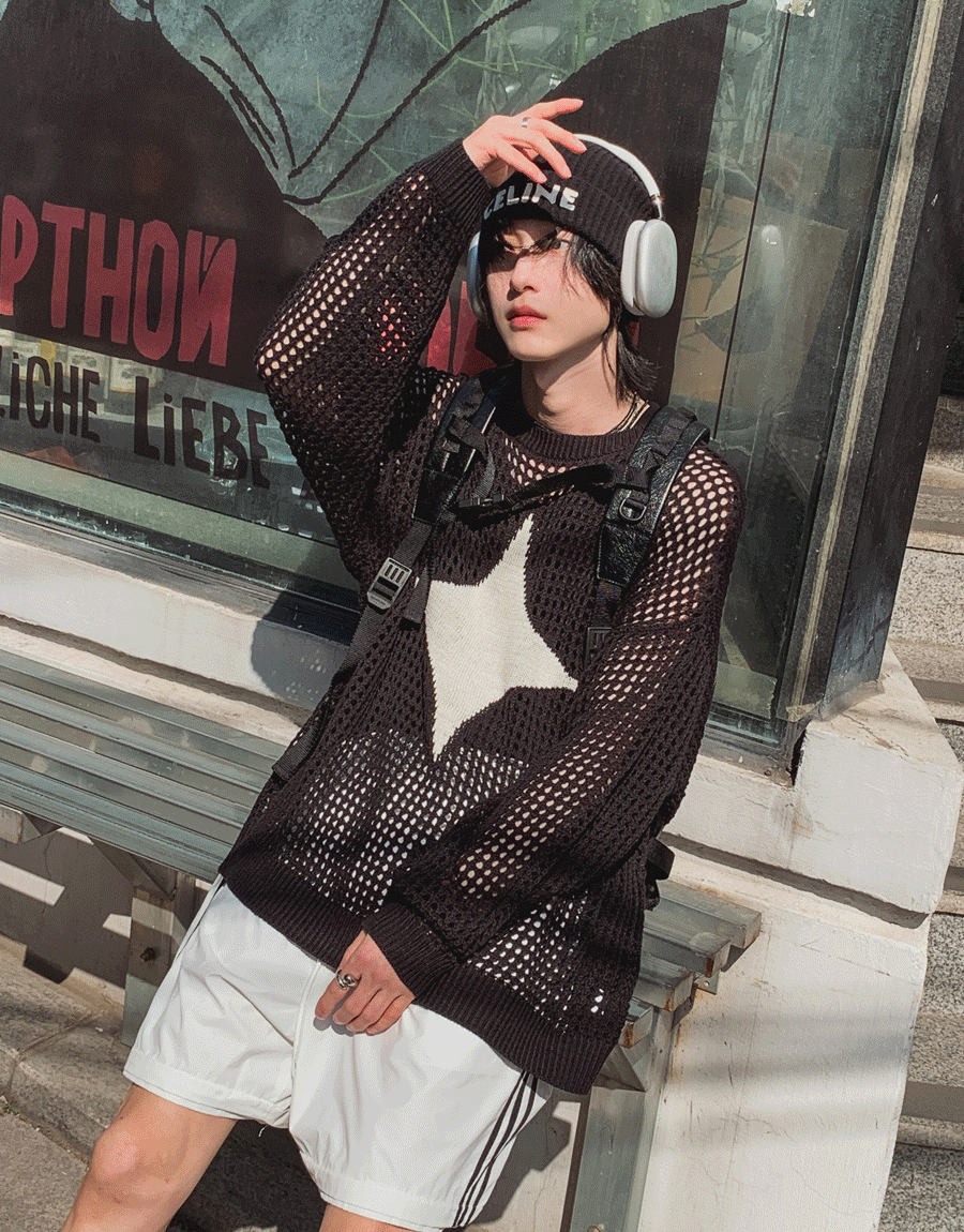 Markia網眼圓領針織衫上衣