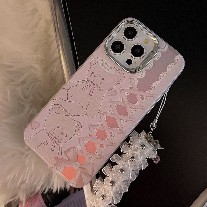 《42859》蕾絲粉紅熊熊iphone手機殼(含掛繩)