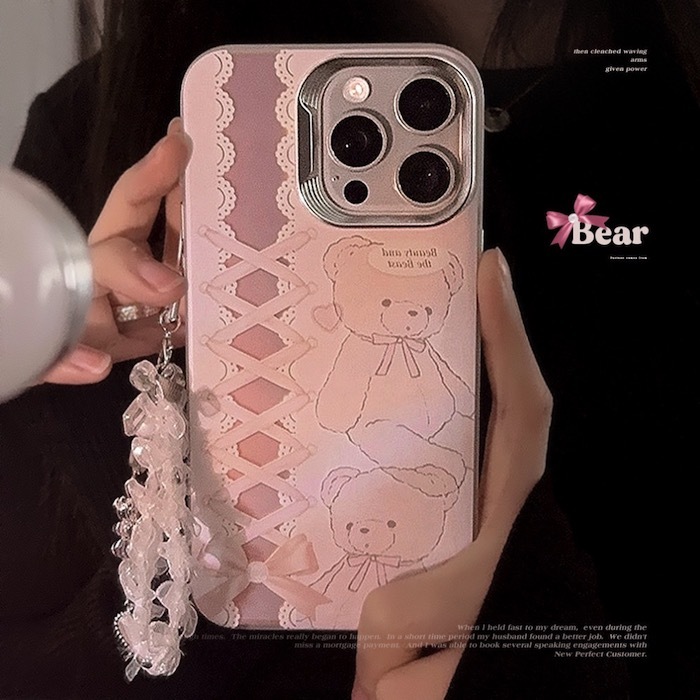 《42859》蕾絲粉紅熊熊iphone手機殼(含掛繩)