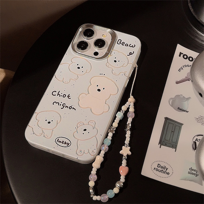 《42870》淺藍潑墨狗狗iphone手機殼(含珠鍊)