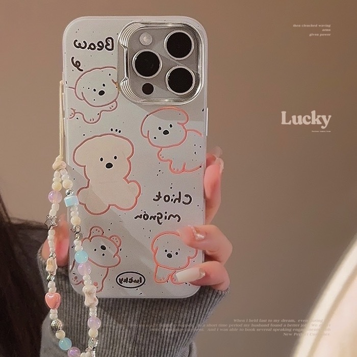 《42870》淺藍潑墨狗狗iphone手機殼(含珠鍊)