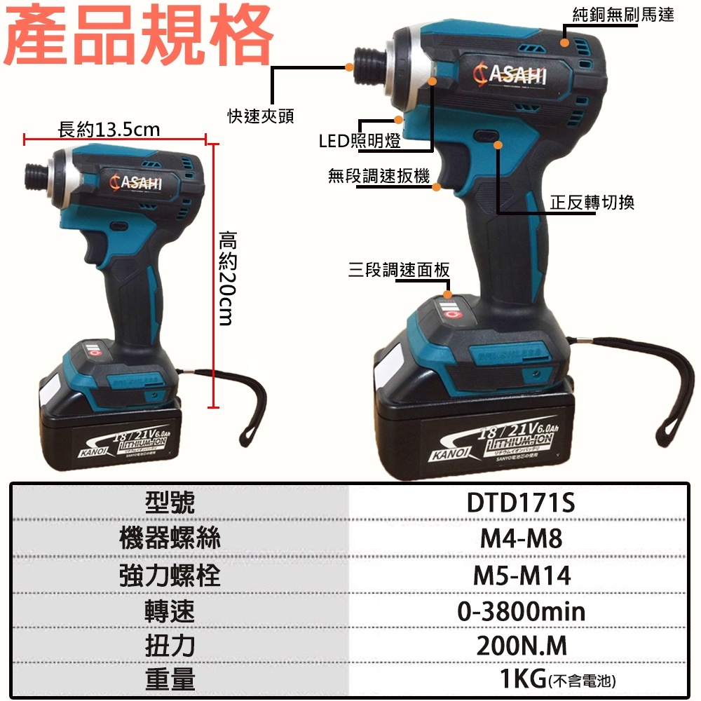 附發票｜DTD171S衝擊起子機｜18V 無刷 鋰電 短版短機身調速 通牧田電池