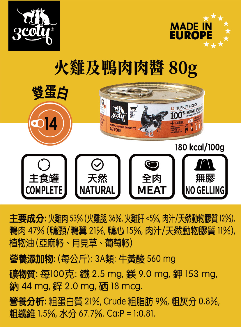 3coty 火雞及鴨肉肉醬主食罐 (80g)