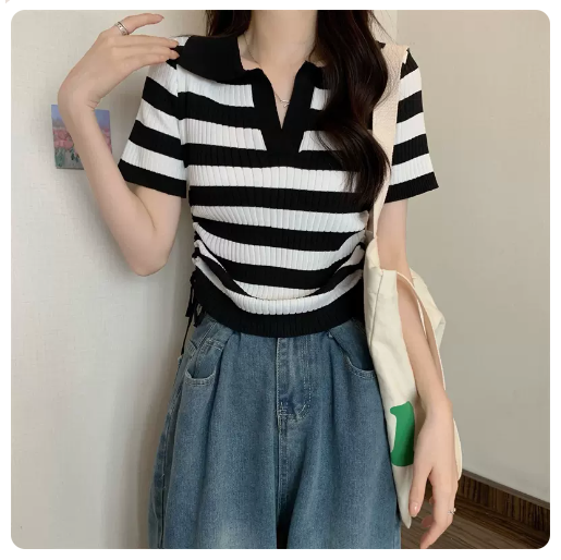 Summer Crop Shirt Women's (Black Striped Shirt) (M-Size)