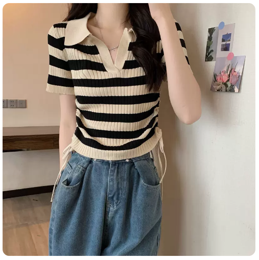 Summer Cropped Shirt Women's (Apricot Striped Shirt) (M-Size)