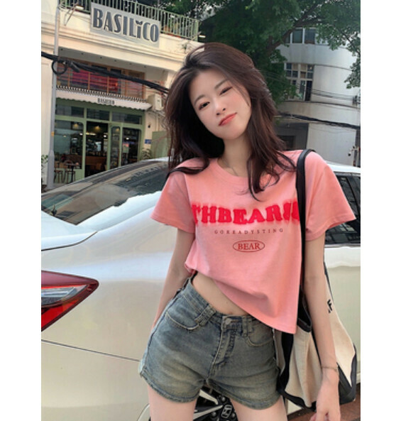 Summer letter print short sleeve T-卹 (pink) [Size: S-L] [Contact customer service to confirm the shipping size after placing an order]