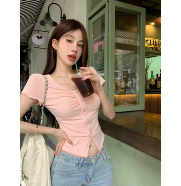 Summer V-neck pleated short sleeve T-卹 (pink) [Size: S-L] [Contact customer service to confirm the shipping size after placing an order]