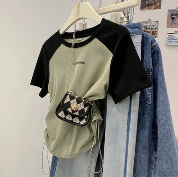 Summer contrast stitching short sleeve T (green) [Size: S-XL] [Contact customer service to confirm the shipping size after placing an order]