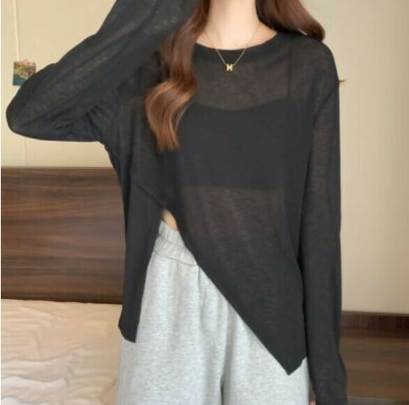 Summer mesh breathable irregular slit T (black) [Size: S-L] [Contact customer service to confirm the shipping size after placing an order]