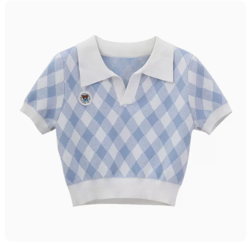 Short-sleeved knit (blue quilt) (one size)