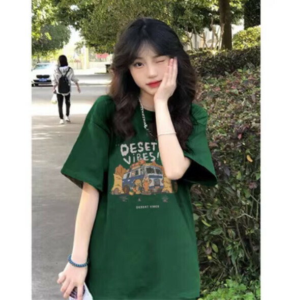 Summer Retro Loose Short Sleeve T (Green) [Size: S-2XL] [Contact Customer Service to Confirm Shipping Size after Placing an Order]