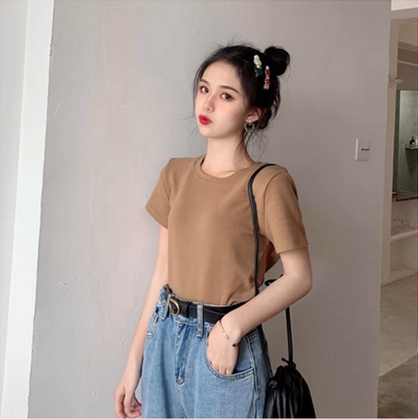 Basic Solid Color Short Sleeve T-Shirt Women's Top (Khaki Size: One Size)