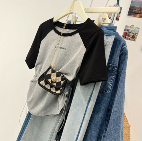 Summer contrasting stitching short-sleeved T (gray) [Size: S-XL] [Contact customer service to confirm the shipping size after placing an order]