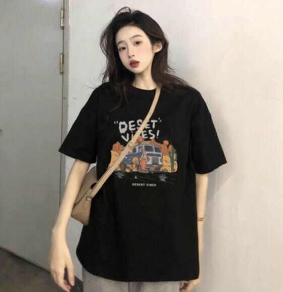 Summer Retro Loose Short Sleeve T (Black) [Size: S-2XL] [Contact Customer Service to Confirm Shipping Size After Placing an Order]