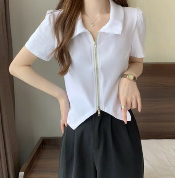 Summer Polo Collar Double Zipper Short Sleeve T T (White) [One Size]