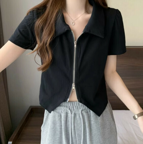 Summer Polo Neck Double Zipper Short Sleeve T (Black) [One Size]