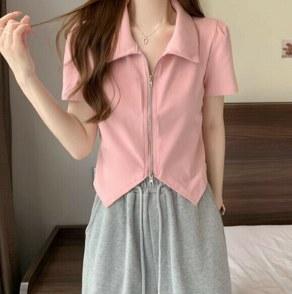 Summer polo collar double zipper short sleeve T (pink) [one size]