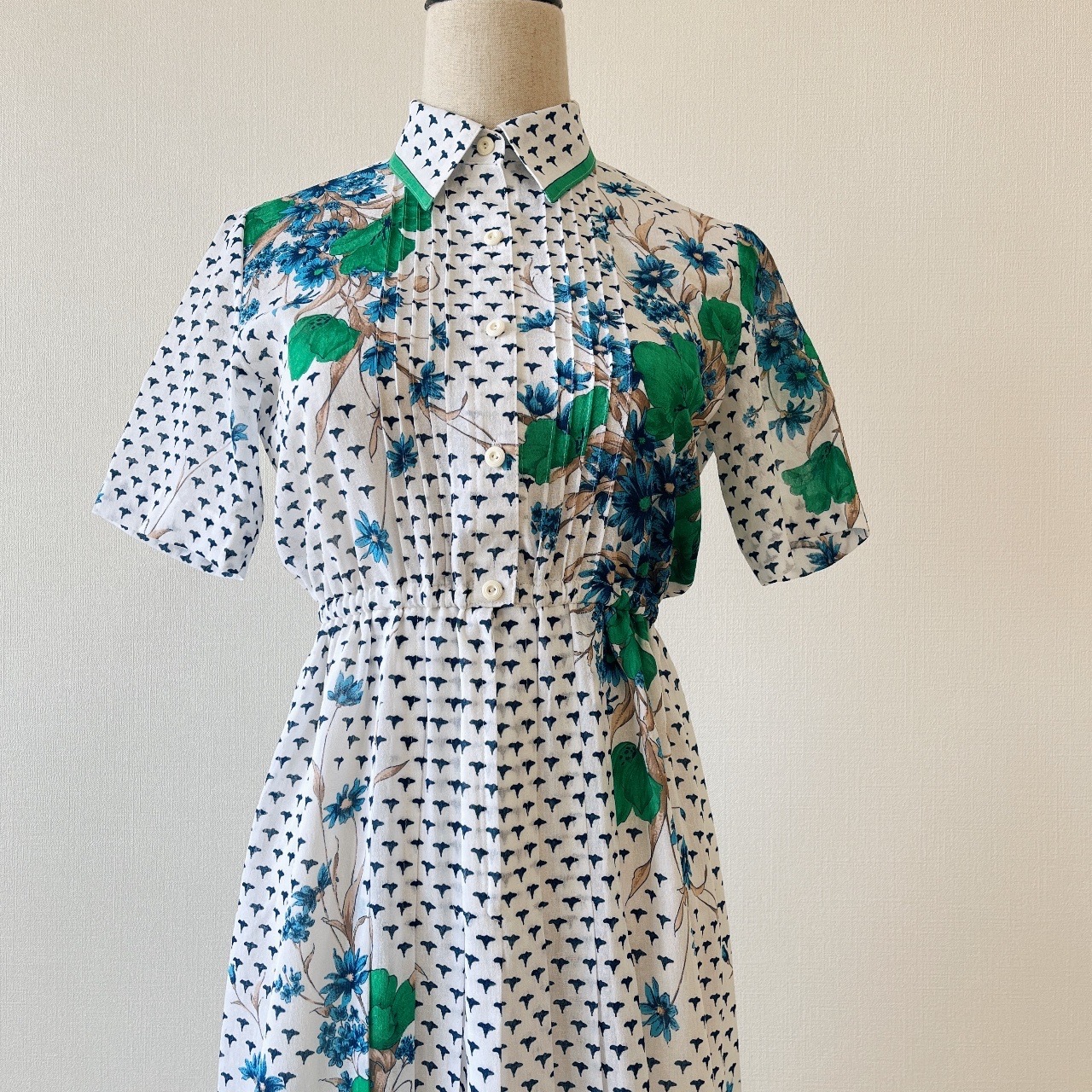 藍綠大花日本古著連身裙