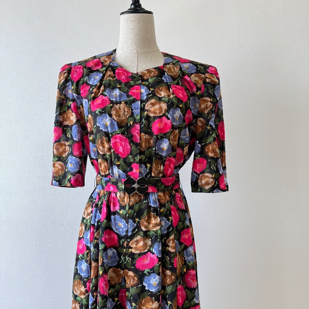 桃紅大花日本古著連身裙