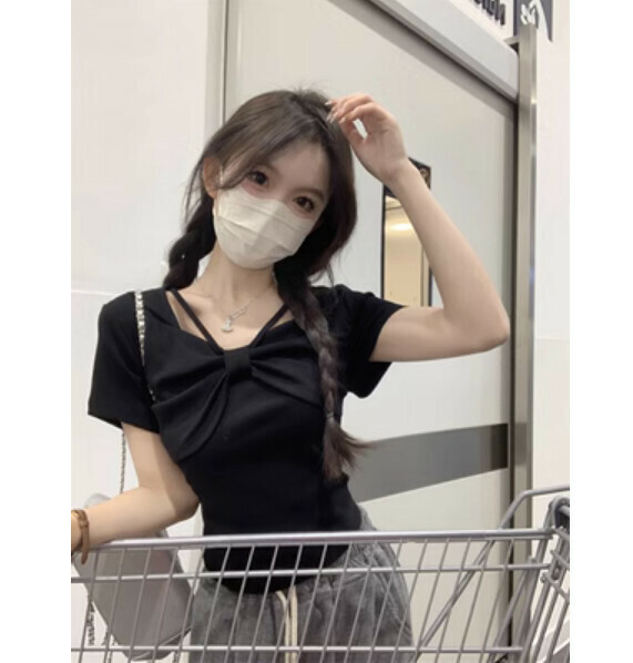 Summer bow square neck short sleeve T (black) [Size: S-L] [Contact customer service to confirm the shipping size after placing an order]