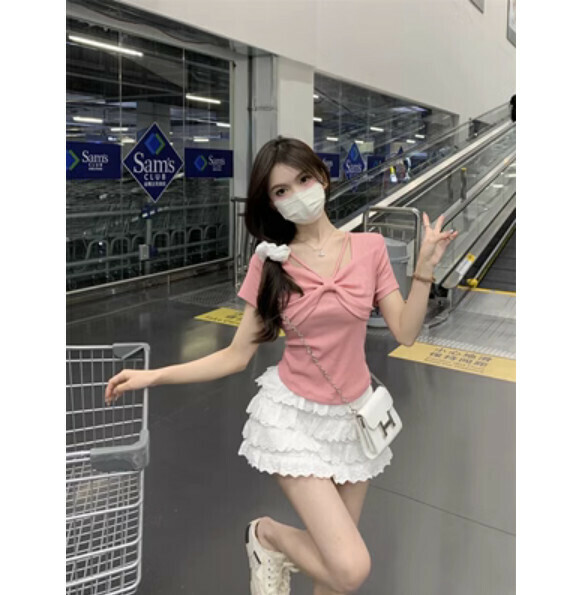 Summer bow square neck short sleeve T (pink) [Size: S-L] [Contact customer service to confirm the shipping size after placing an order]