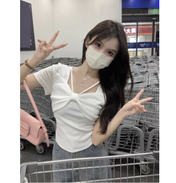 Summer bow square neck short sleeve T (white) [Size: S-L] [Contact customer service to confirm the shipping size after placing an order]