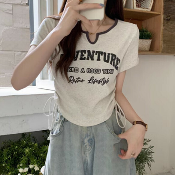 Summer Retro Drawstring Short Sleeve T (Gray) [Size: S-L] [Contact Customer Service to Confirm Shipping Size After Placing an Order]