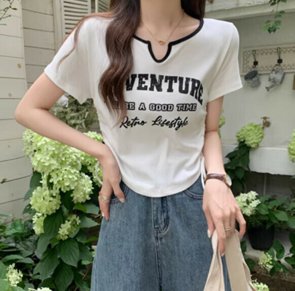 Summer Retro Drawstring Short Sleeve T (White) [Size: S-L] [Contact Customer Service to Confirm Shipping Size after Placing an Order]