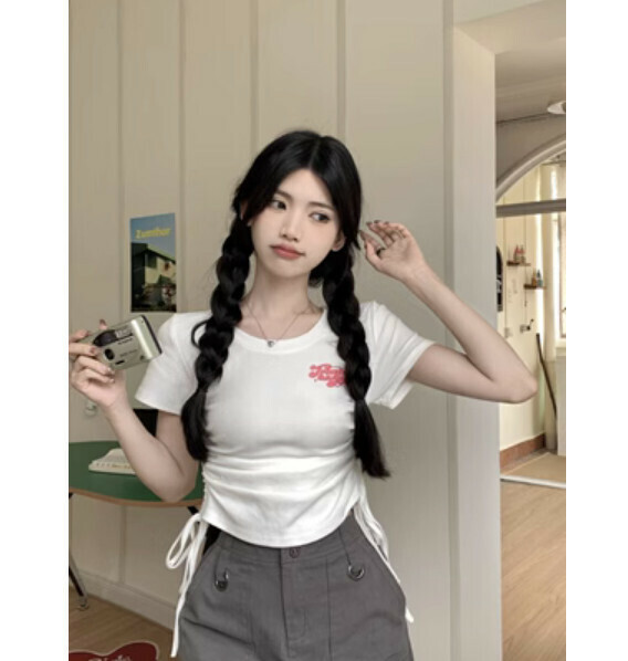 Summer drawstring sweet short T (white) [Size: S-L] [Contact customer service to confirm the shipping size after placing an order]