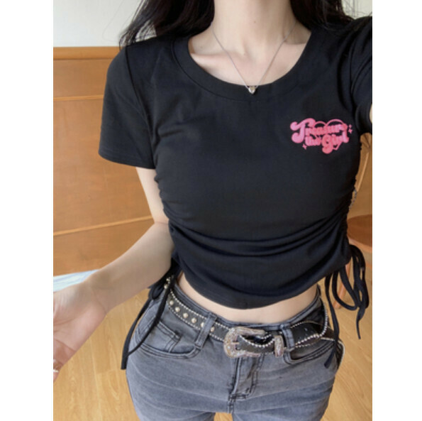 Summer Drawstring Sweet Short T (Black) [Size: S-L] [Contact Customer Service to Confirm Shipping Size After Placing an Order]
