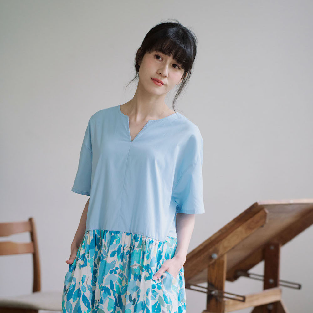 Drop Waist Patchwork Dress/Finding Formosan Muntjac/Lake Blue