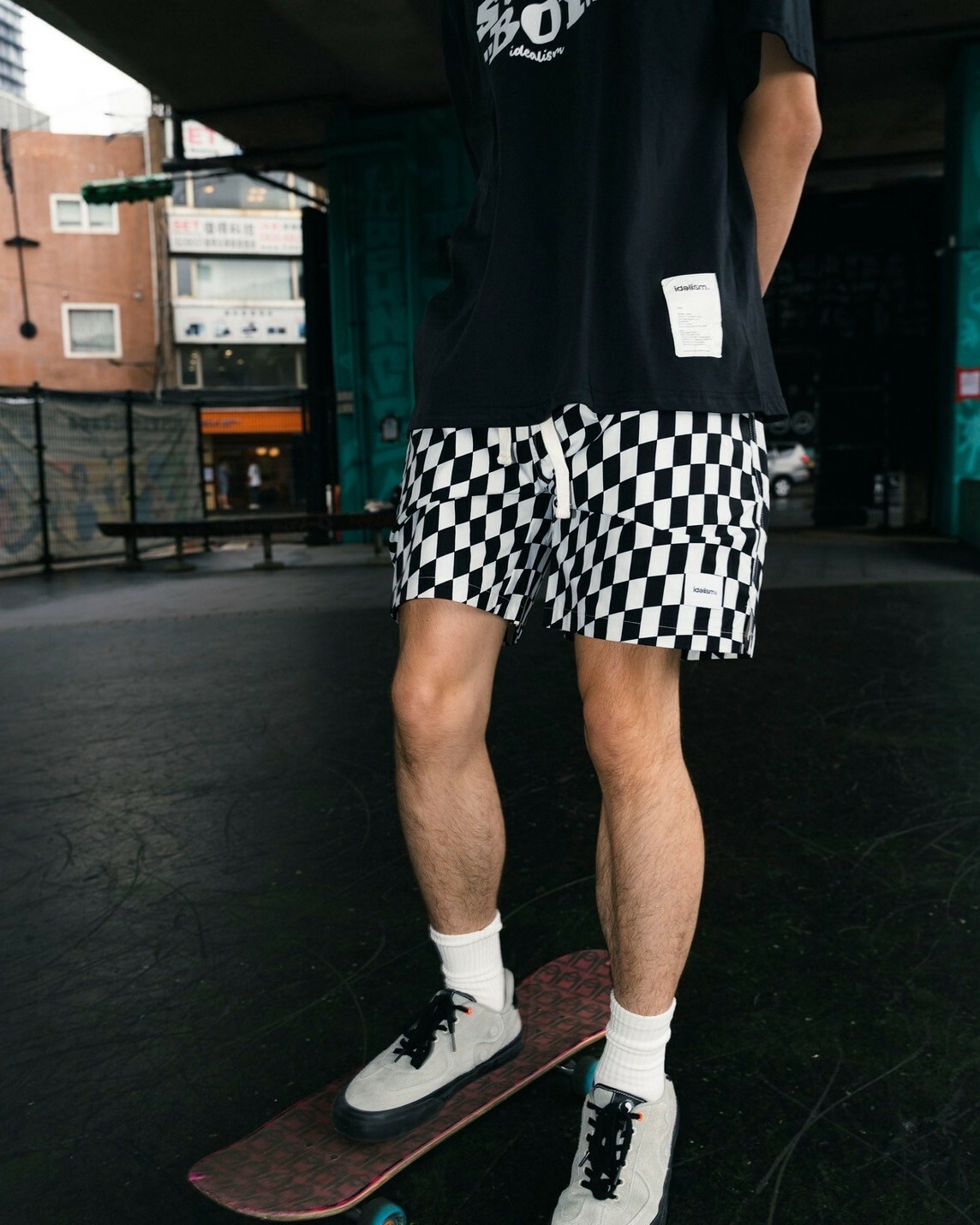 idealism Square Shorts 白黑 黑灰 波浪 尼龍 方格短褲【ID24004】