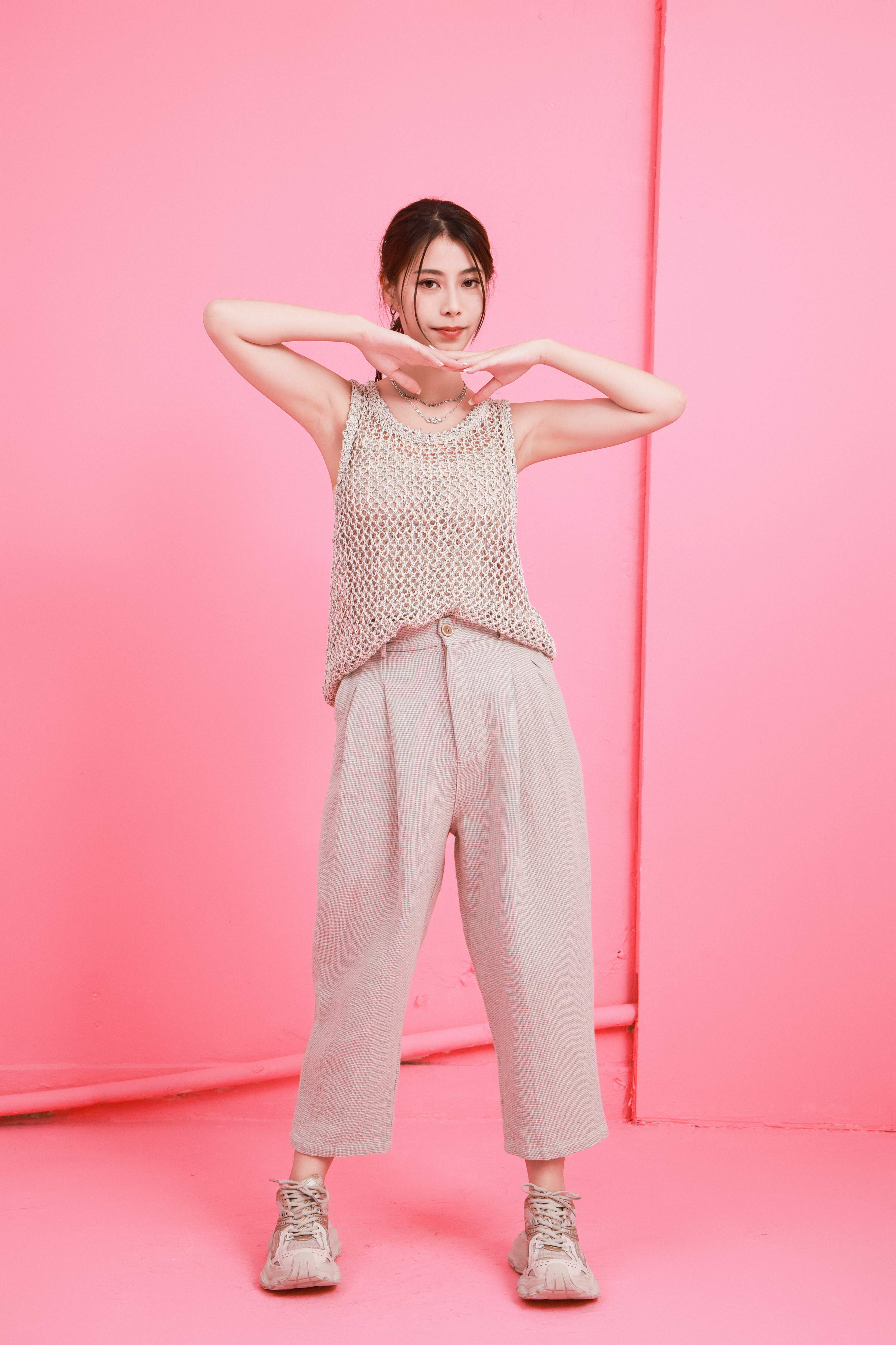 細格紋棉麻吊腳褲 (現貨款式）