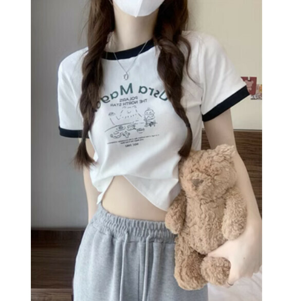 Summer contrasting short print T (white) [Size: S-L] [Contact customer service to confirm the shipping size after placing an order]
