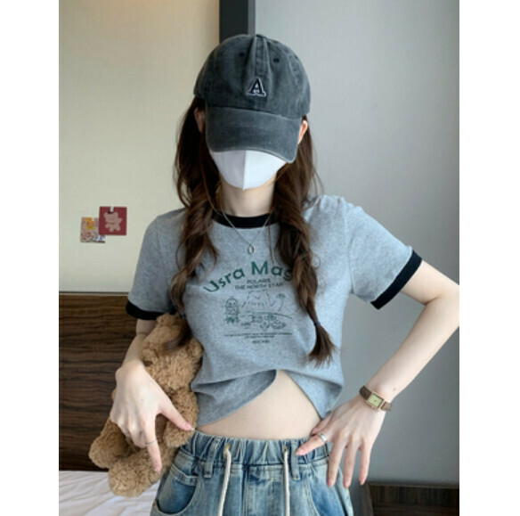 Summer contrasting short print T (gray) [Size: S-L] [Contact customer service to confirm the shipping size after placing an order]