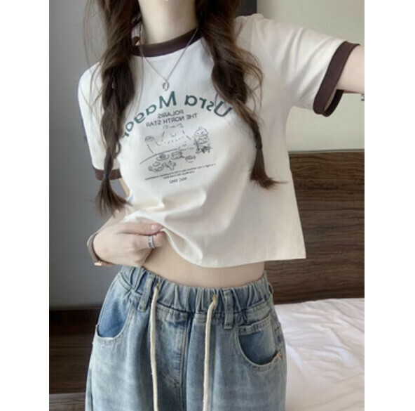Summer contrasting short print T (apricot) [Size: S-L] [Contact customer service to confirm the shipping size after placing an order]
