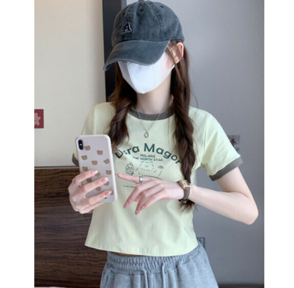 Summer contrasting short print T (green) [Size: S-L] [Contact customer service to confirm the shipping size after placing an order]