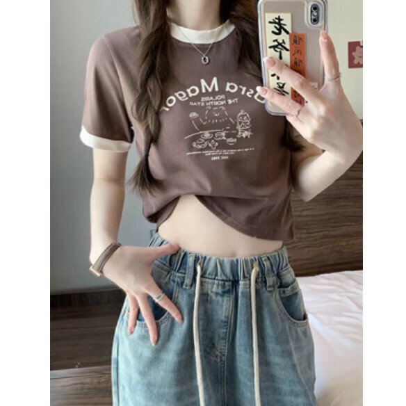 Summer Contrasting Short Printed T (Mocha Color) [Size: S-L] [Contact Customer Service to Confirm Shipping Size after Placing an Order]