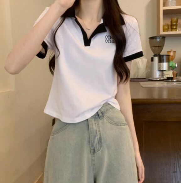 Summer color-blocked V-neck short sleeve T (white) [Size: S-L] [Contact customer service to confirm the shipping size after placing an order]