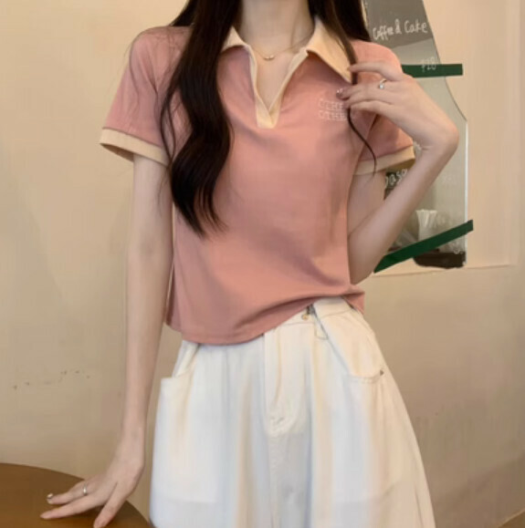 Summer color-blocked V-neck short-sleeved T (pink) [Size: S-L] [Contact customer service to confirm the shipping size after placing an order]