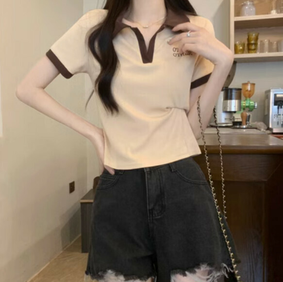 Summer color-blocked V-neck short sleeve T (apricot) [Size: S-L] [Contact customer service to confirm the shipping size after placing an order]