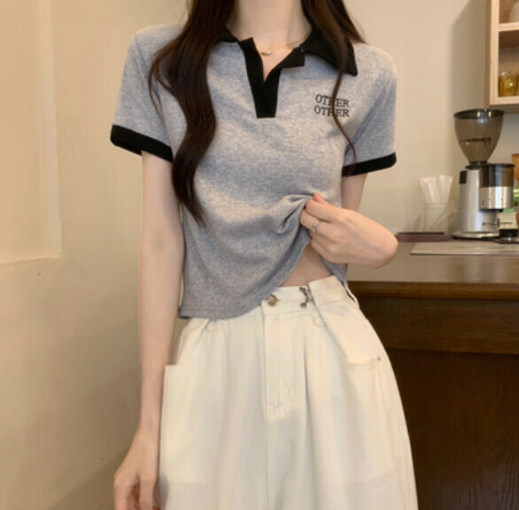 Summer color-blocked V-neck short sleeve T (gray) [Size: S-L] [Contact customer service to confirm the shipping size after placing an order]