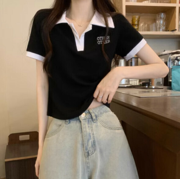 Summer color-blocked V-neck short sleeve T (black) [Size: S-L] [Contact customer service to confirm the shipping size after placing an order]
