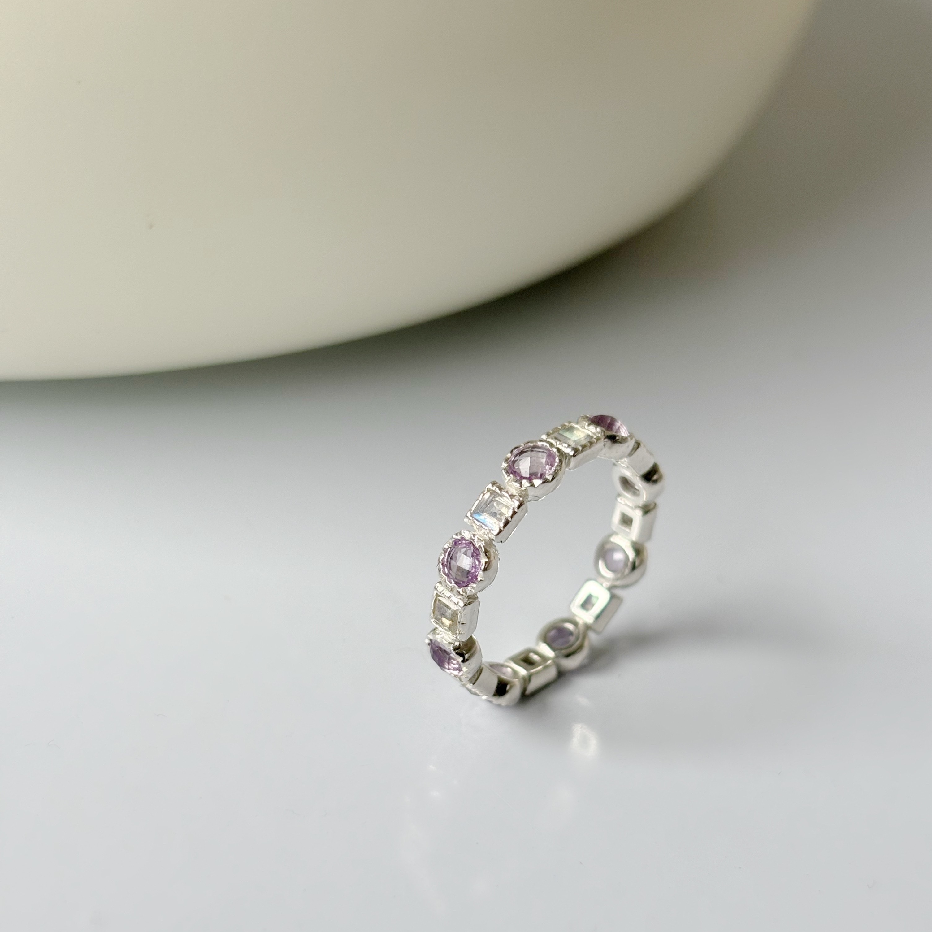 蛋糕整圈方圓紫水晶拉長石戒指