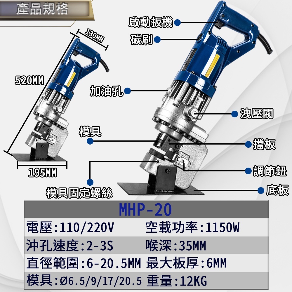 附發票｜MHP-20電動液壓沖孔機｜鋼板鑽孔機 洗孔機 打孔機 開孔器 鋼板鑽孔機